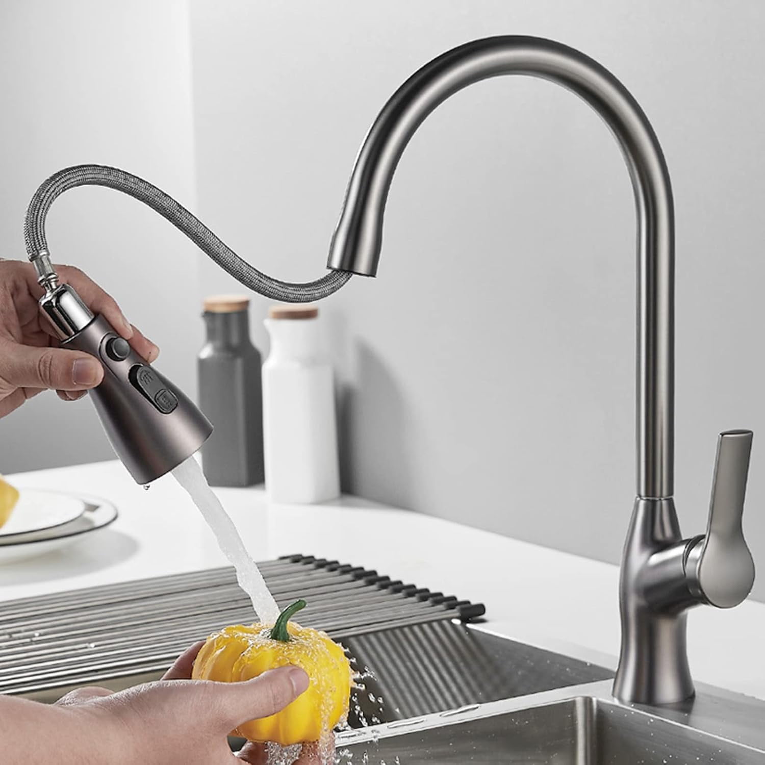 Kitchen Faucets with Pull Out Spray Gray Swivel Telescopic Brass Kitchen Sink Mixer Faucet