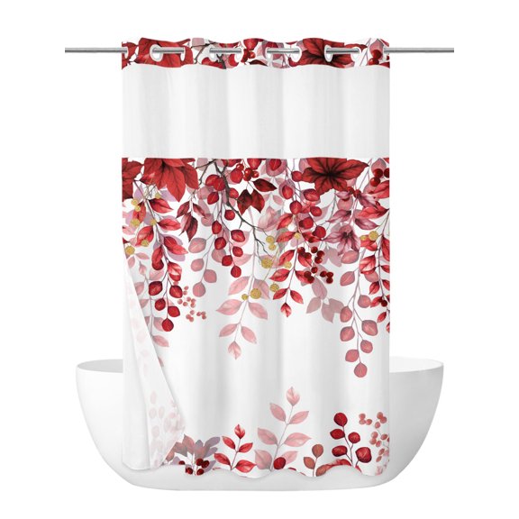 No Hook Shower Curtain with Snap in Liner,Abstract Red Branch Leaves Waterproof Bath Curtain with See Through Top Window,Farm Botanical Leaf on White Shower Curtains for Bathroom Decor,36x72in