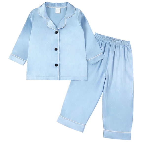 Cathalem Unisex Kids Boys Girls Pajama Sets Winter Long Sleeve Long Pants 2pcs Silky Sleepwear Button Down Loungewear Light Blue 2-3 Years