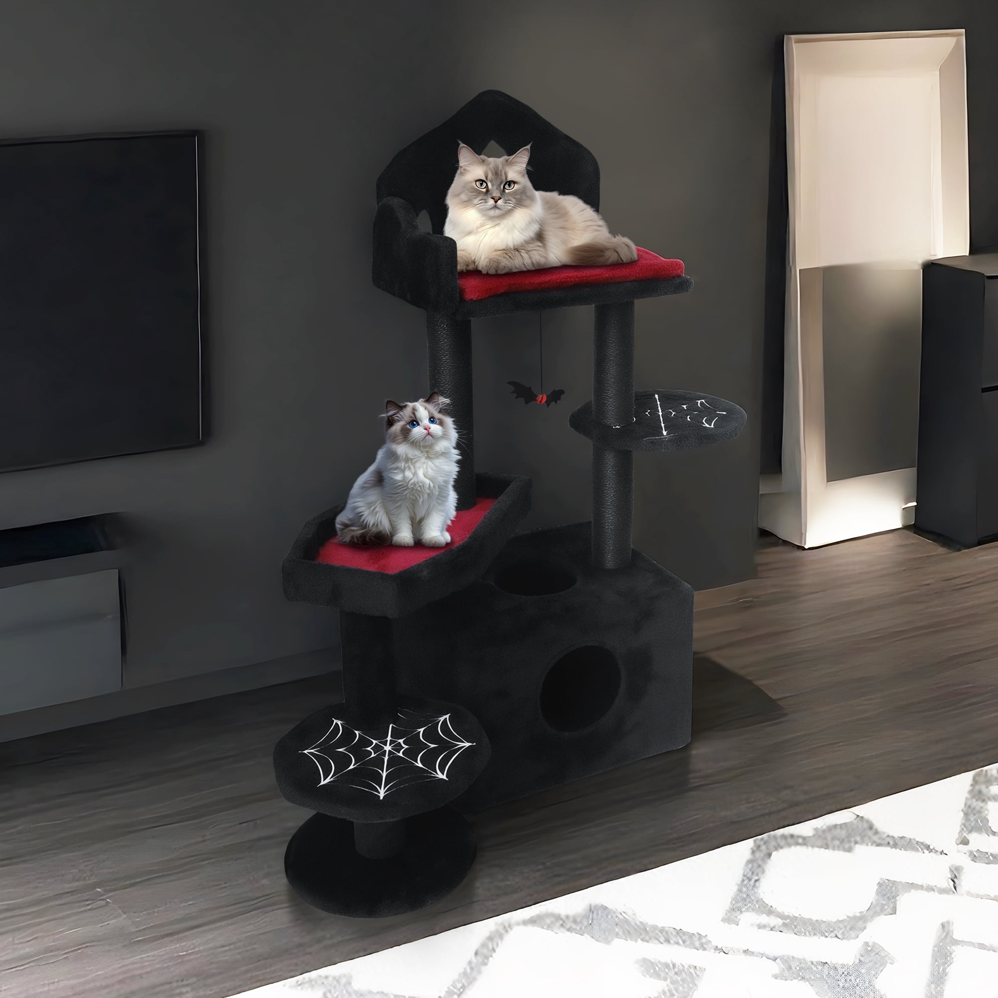Gothic Cat Tree, Coffin-Shaped Platform, Soft Cushion, Scratching Posts, Halloween Home Decor