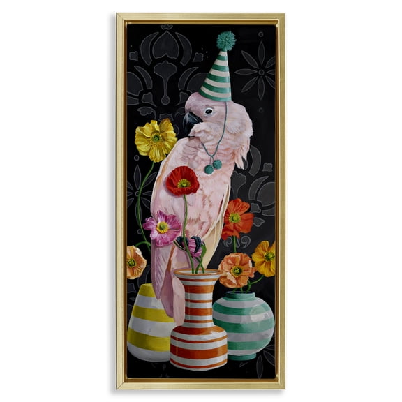 Stupell Industries Cockatoo & Striped Vases Animals Painting Gold Floater Framed Canvas Art Print Wall Art, 15 x 31