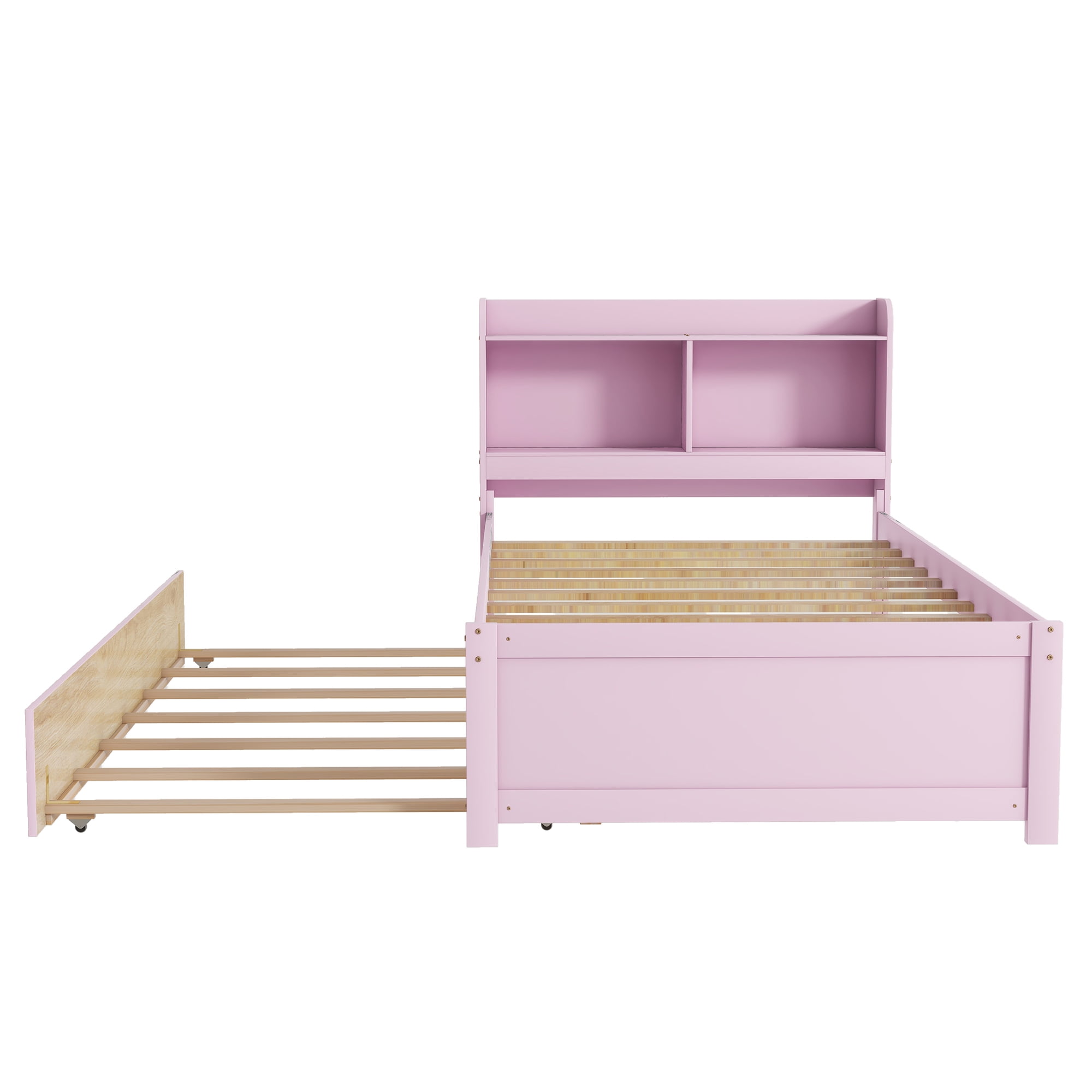 Miniyam Twin Size Bed with Trundle & Bookcase Headboard for Kids,Pink