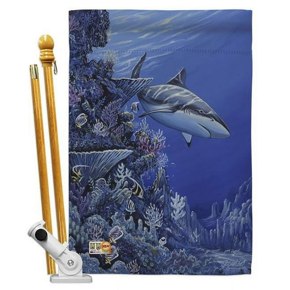 Breeze Decor BD-SM-HS-107050-IP-BO-D-US16-AL 28 x 40 in. Vertical Shark Reef Coastal Sea Animals Impressions Decorative Double Sided House Flag Set with Pole & Bracket Hardware