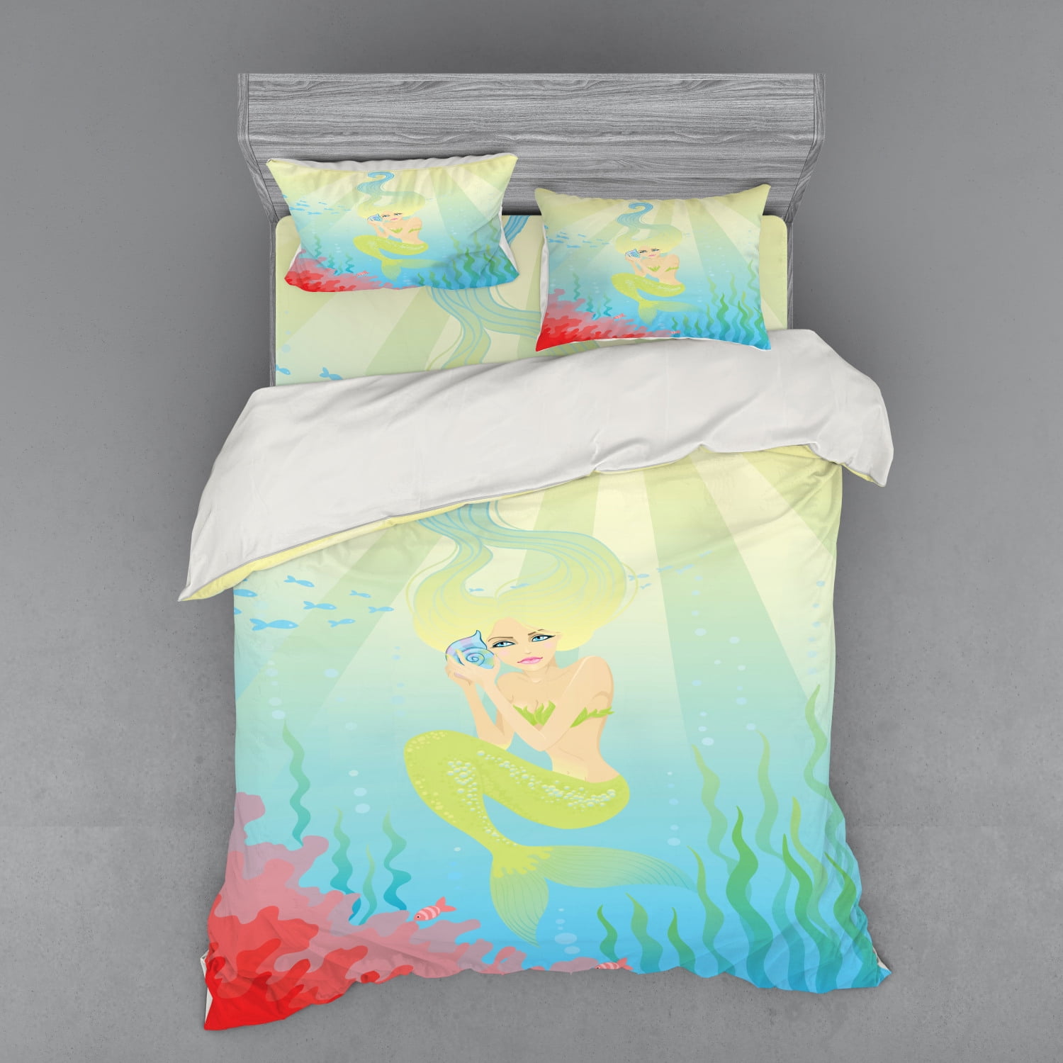 Mermaid Duvet Cover Set, Soft Pastel Color Unusual Mermaid Fish Girl Listening to Ocean Sound in