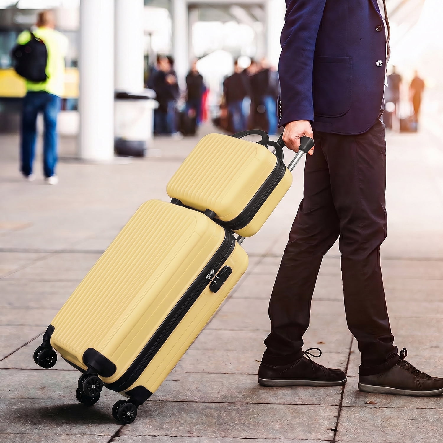 2 Piece Vertical Striped Luggage Set, Carry On Hardside Suitcase with Spinner Wheels & TSA Lock, Lightweight Travel Luggage with Cosmetic Case Yellow