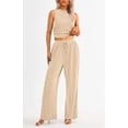 thumbnail image 3 of FreshPretty Women Summer 2 Piece Outfits Ribbed Knit Crew Neck Sleeveless Cropped Top Elastic Waist Wide Leg Pants Lounge Set, 3 of 6