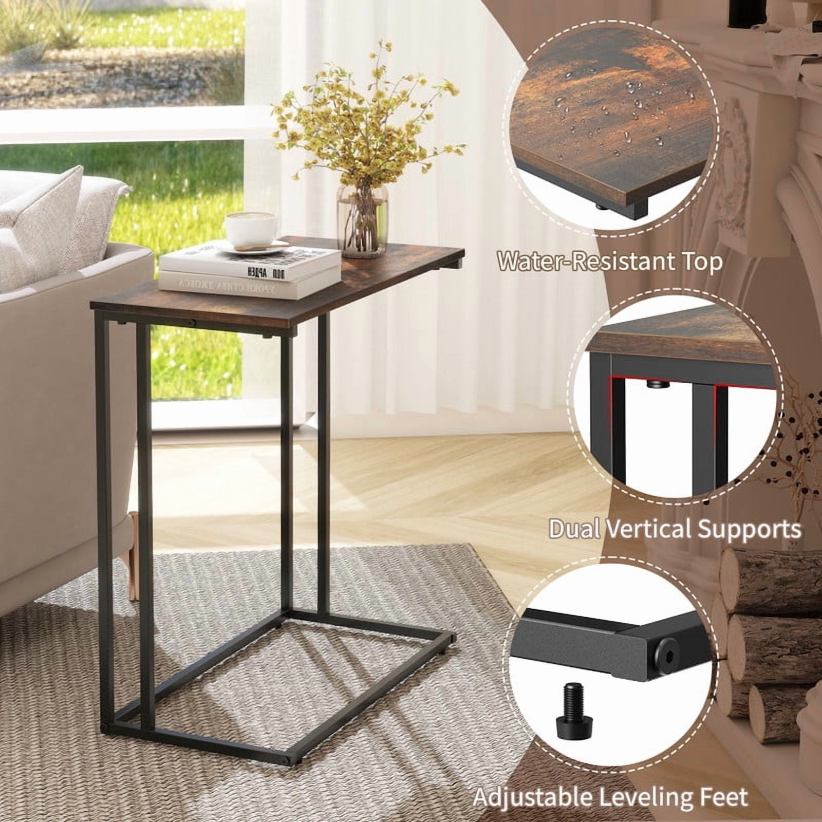 Krpimt C-Shaped End Table for Couch Sofa Side Table with Metal Frame for Bedroom, Living Room, 24.2"x 23.6"x 11.8"(HxWxD), Rustic Brown