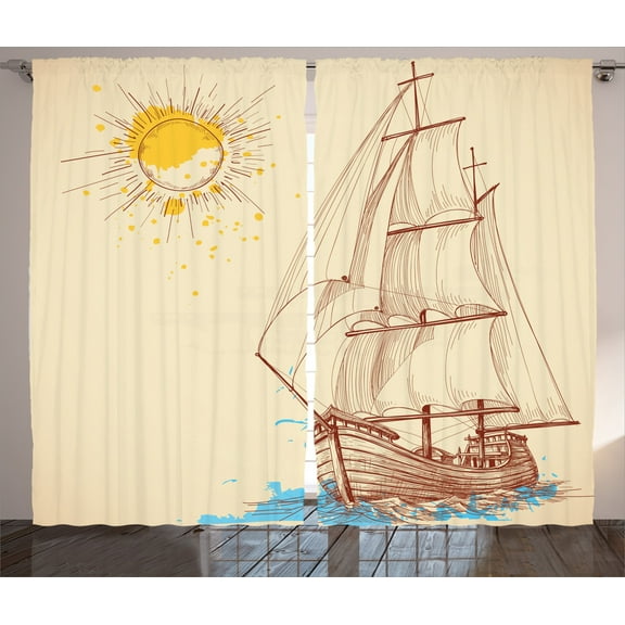 Ambesonne Nautical Curtains 2 Panel Set, Boat in Windy Sea Sun, 108" x 84", Cream Brown