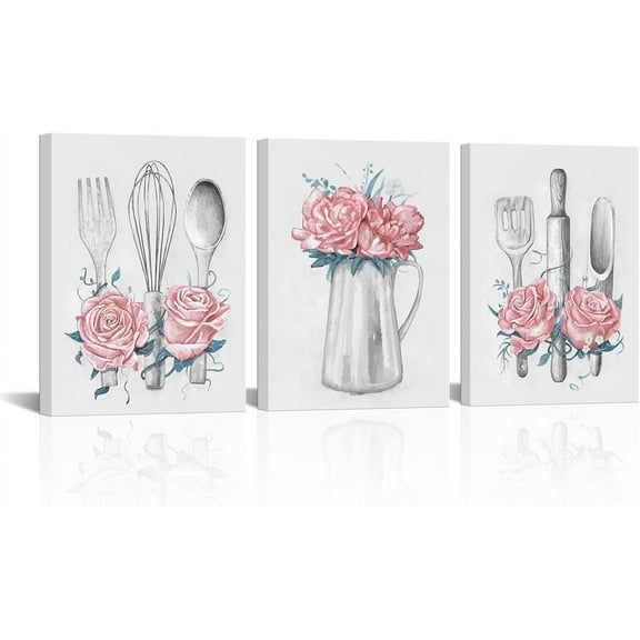 Kitchen Art Pink Kitchen Decor Painting Framed Ready to Hang 12x16inchx3Pieces (Pink)