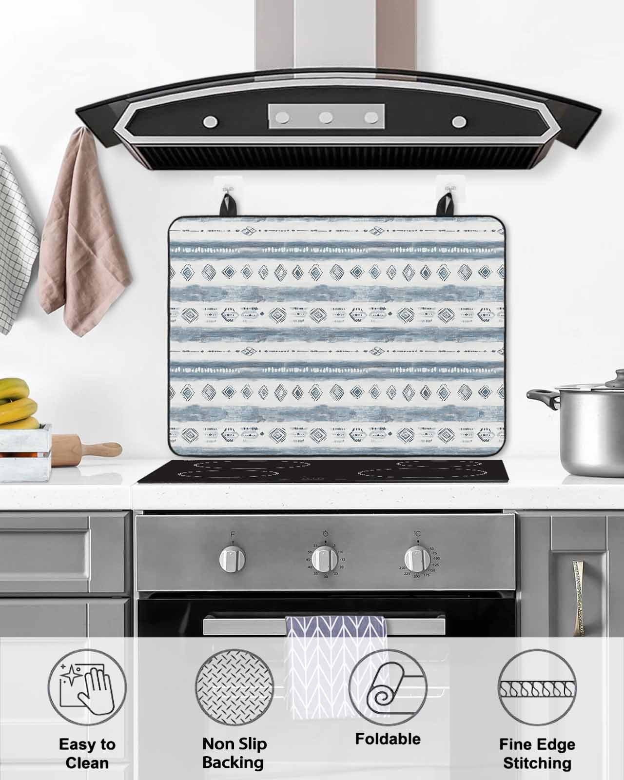 nqOlkjepod Large Induction Cooktop Protector Mat 24"x21", Blue White Stripe Stove Top Covers for Electric Stove, Vintage Abstract Geometric Brush Stove Burner Cover Mats, Glass Top Stove Cover
