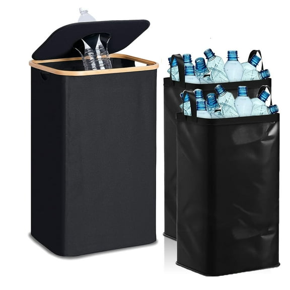 Large Recycling Bin for Kitchen 26 Gallon, 100L Recycle Bin with Lid & 2 Inner Bag, Trash Can for Bottles Cans Cartons Plastice Stickers, Black