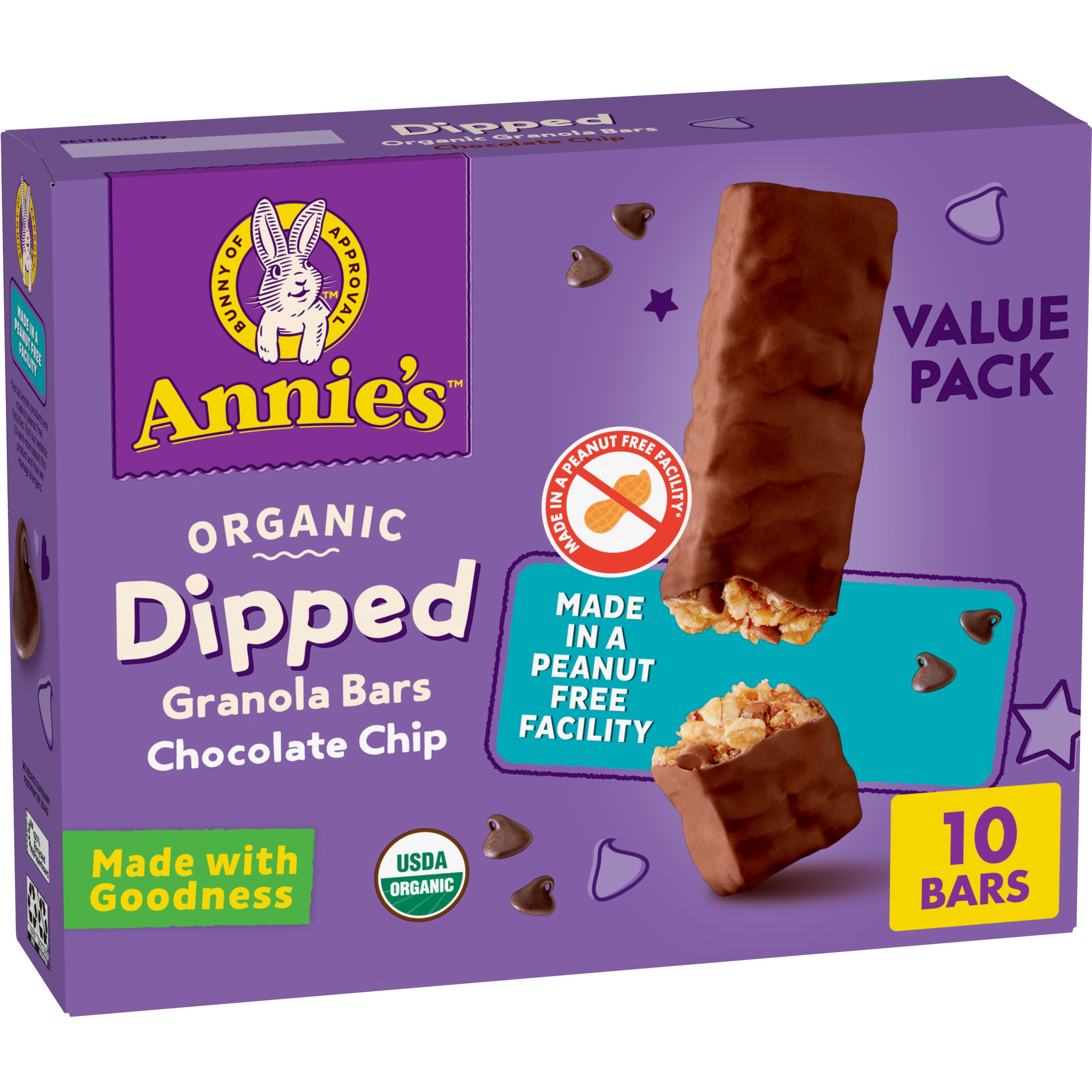 (2 pack) Annie's Organic Dipped Granola Bars, Chocolate Chip, Peanut Free, 10 Bars, 9.2 oz
