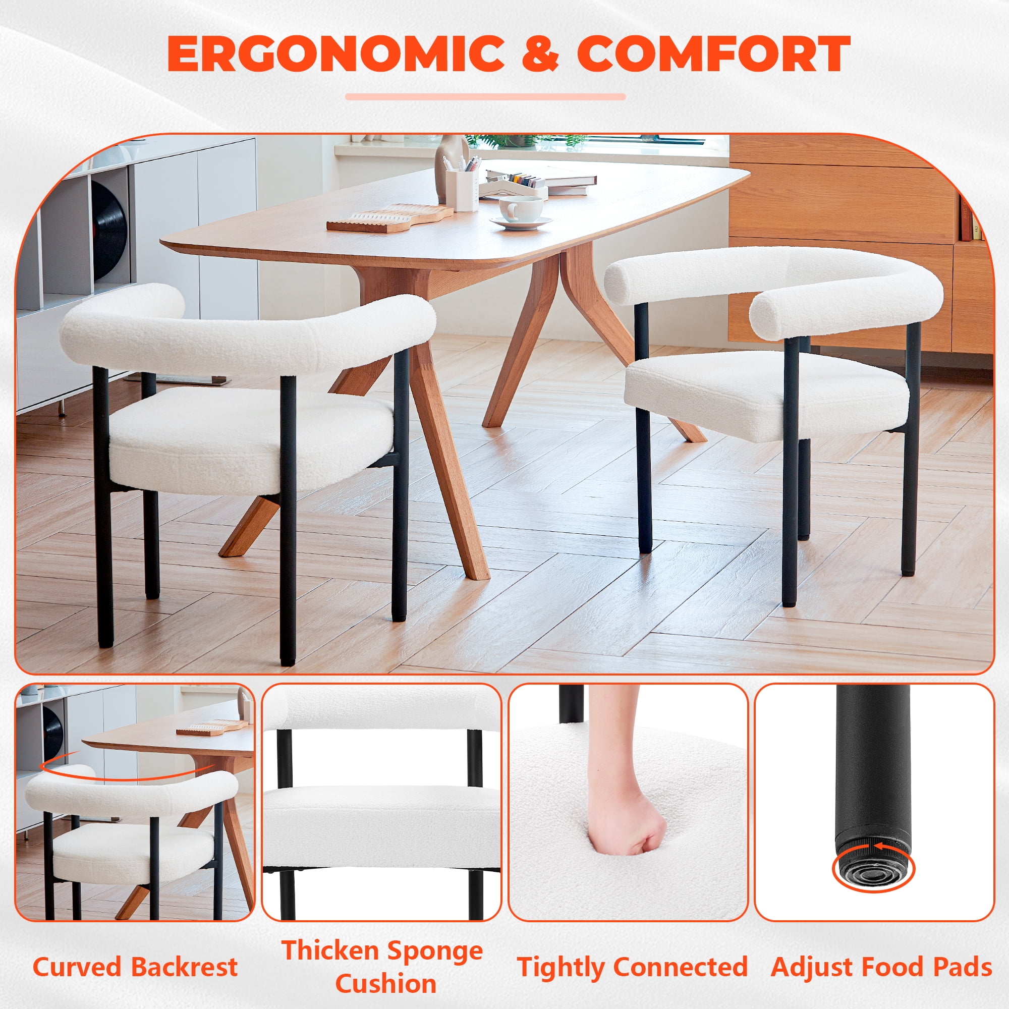 TrumanPick Modern Boucle Dining Chair, Upholstered Dinner Sherpa Chairs with Metal Legs&Curved Backrest for Kitchen, White