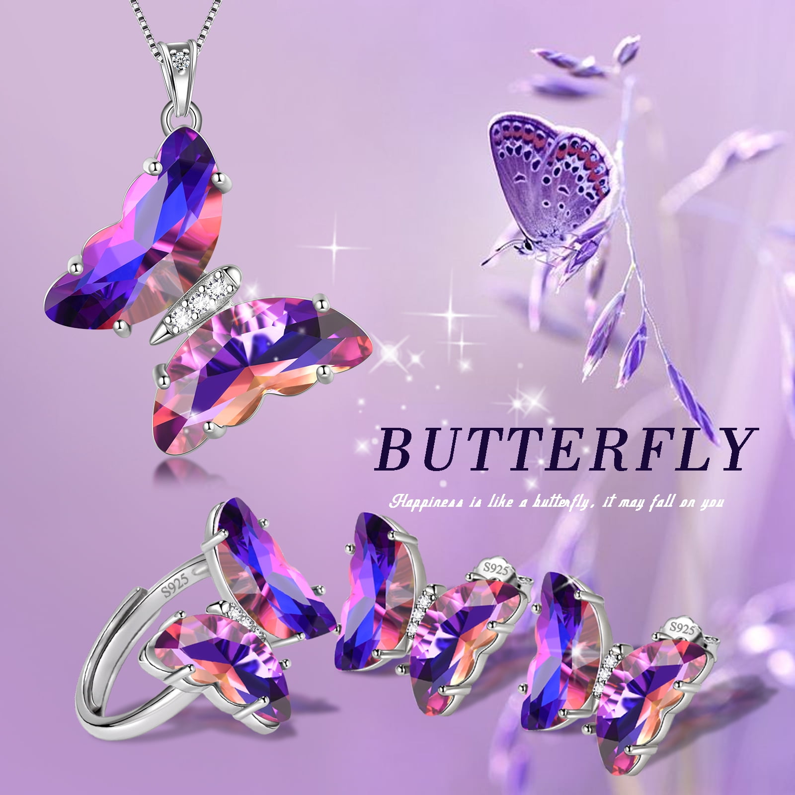 Purple Butterfly Jewelry Sets Earrings Necklace Ring, February Birthstone Jewelry Set Amethyst Sterling Silver Women Birthday Mother's Day Gifts