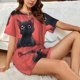 thumbnail image 4 of Fotbe Cute Black Kitten Cartoon Conjunto de Pijama Estampado para Mujer, 2 Piezas, Ropa de Dormir con Camiseta de Manga Corta y Shorts Suaves-3X-Large, 4 of 6