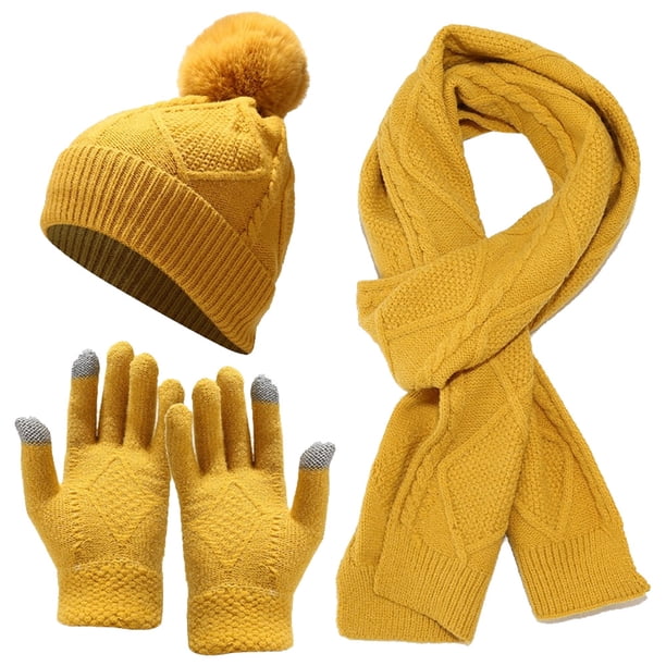 Conjunto de tres piezas de gorro, bufanda y guantes, cálido y aislante, gorro de punto grueso
