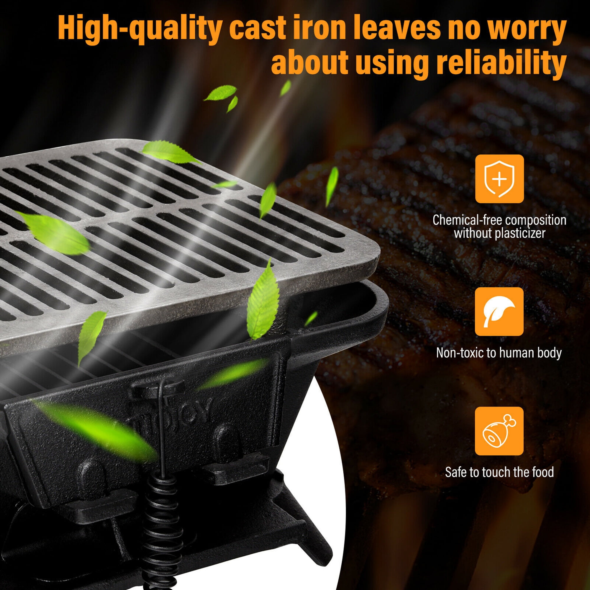 Sungmor Small Rectangle Cast Iron Charcoal Grill Stove, 12.4 by 6.8 inch, Heavy Duty Tabletop BBQ Grill, Indoor Outdoor Porta