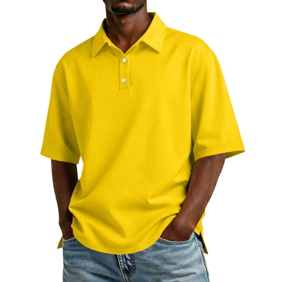 Mens Golf Polo Shirts Short Sleeve Casual Banded Bottom Stretch Classic Fit Solid T-Shirts Yellow XL