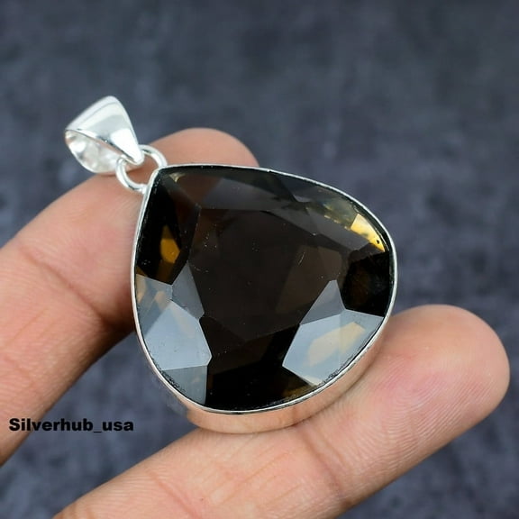 Adidev 30 Carat Smoky Topaz Gemstone Pear Shape Black Color 925 Sterling Silver Pendant for Women