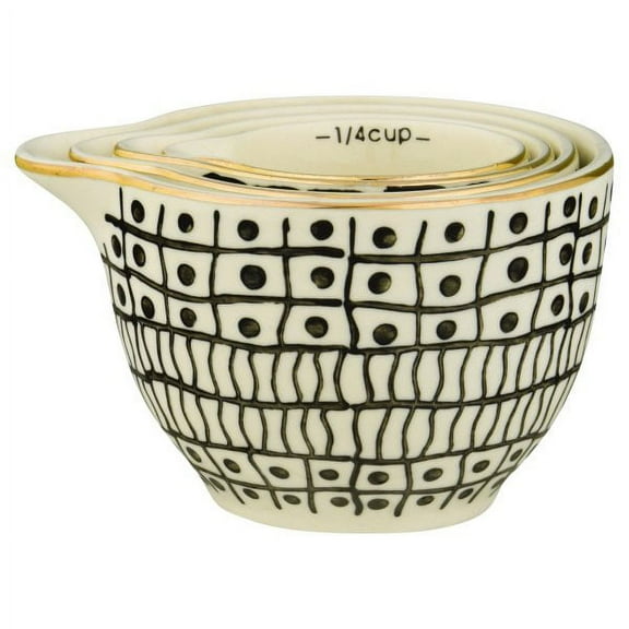 Creative Co-Op Black & White Stoneware Measuring Cups with Gold Electroplating (Set of 4 Sizes)
