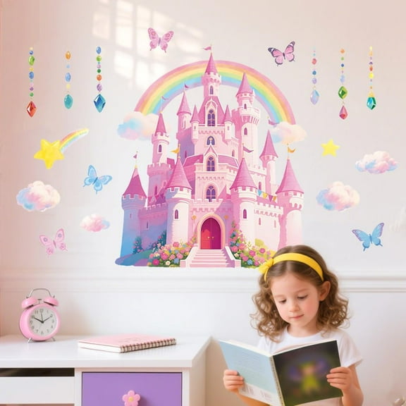 Princess Castle Wall Stickers Decals Decor Removable Peel and Stick 2 Sheets 11.8"x 37.8" Vinyl 3D Wall Murals