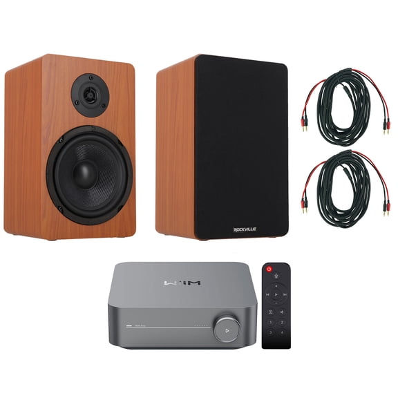 WiiM Amp Bundle: Wi-Fi Streaming Amp Receiver Gray, Rockville RockShelf 68C 6.5" 400W Speaker Pair, 2 BN20 Banana Cables, 4-items
