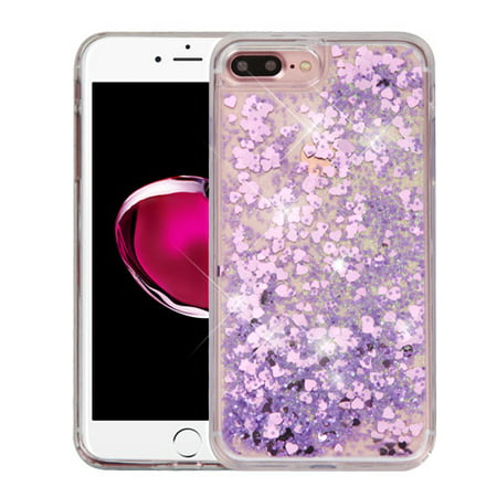 Apple iPhone 8 Plus / 7 Plus / 6S Plus / 6 Plus Case, Slim Crystal Back Bumper Case [Drop Protection] [Purple Hearts] Quicksand Glitter Flexible Border Case with Travel Wallet Phone