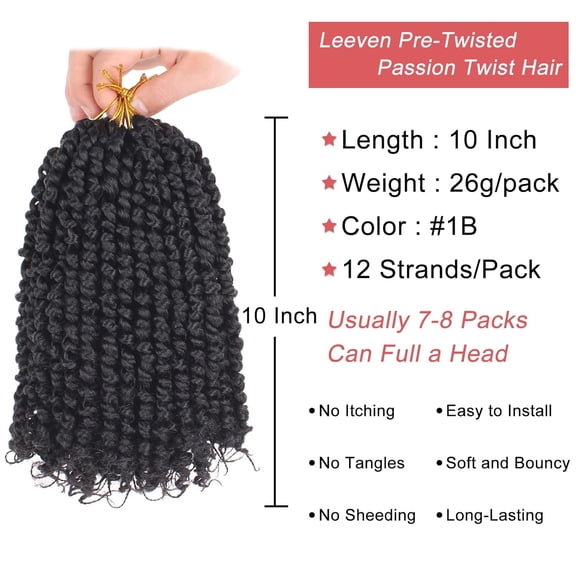 WEIF-8 Packs 10 Inch Passion Twist Hair for Women Natural Black Bomb Pre Twisted Water Wave Crochet Braids Hair Pre Looped Curly Bohemian Synthetic Braiding Hair Extensions 12 Strands/Pack #1B