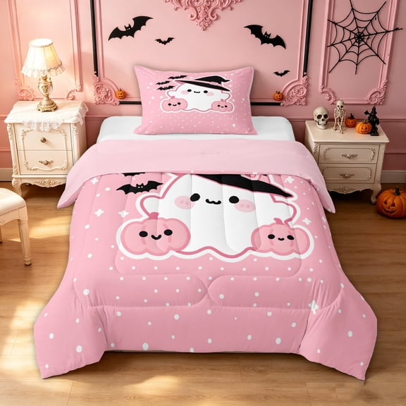 Feelyou Cartoon Ghost Pumpkin Twin Comforter Sets, Kawaii Halloween Bat Bedding Set, Pink Reversible, 2 Pieces, 1 Comforter and 2 Pillowcases