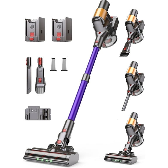 Cordless Vacuum Cleaner, 2 Batteries 120 Mins Runtime, 550W 45KPA Stick Vacuum with Self-Standing, Tangle-Free Brush, LED Display, Vacuum Cleaner for Home Hardwood Floor, Carpet, Pet Hair