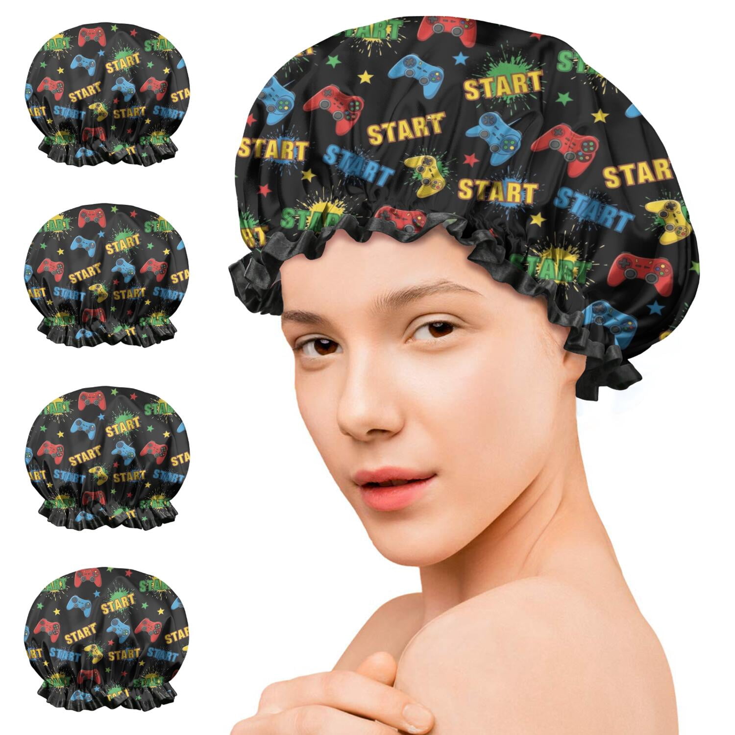 Shower Caps,Multicolor Controllers Games Icons Black Pattern Waterproof Shower Cap for Women 4 Pieces,Double Reusable Hair Cover for Shower PEVA Elastic Stretch Hem
