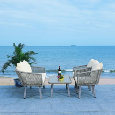 SAFAVIEH Belmi Outdoor Patio 4 Piece Conversation Set, Grey/Beige