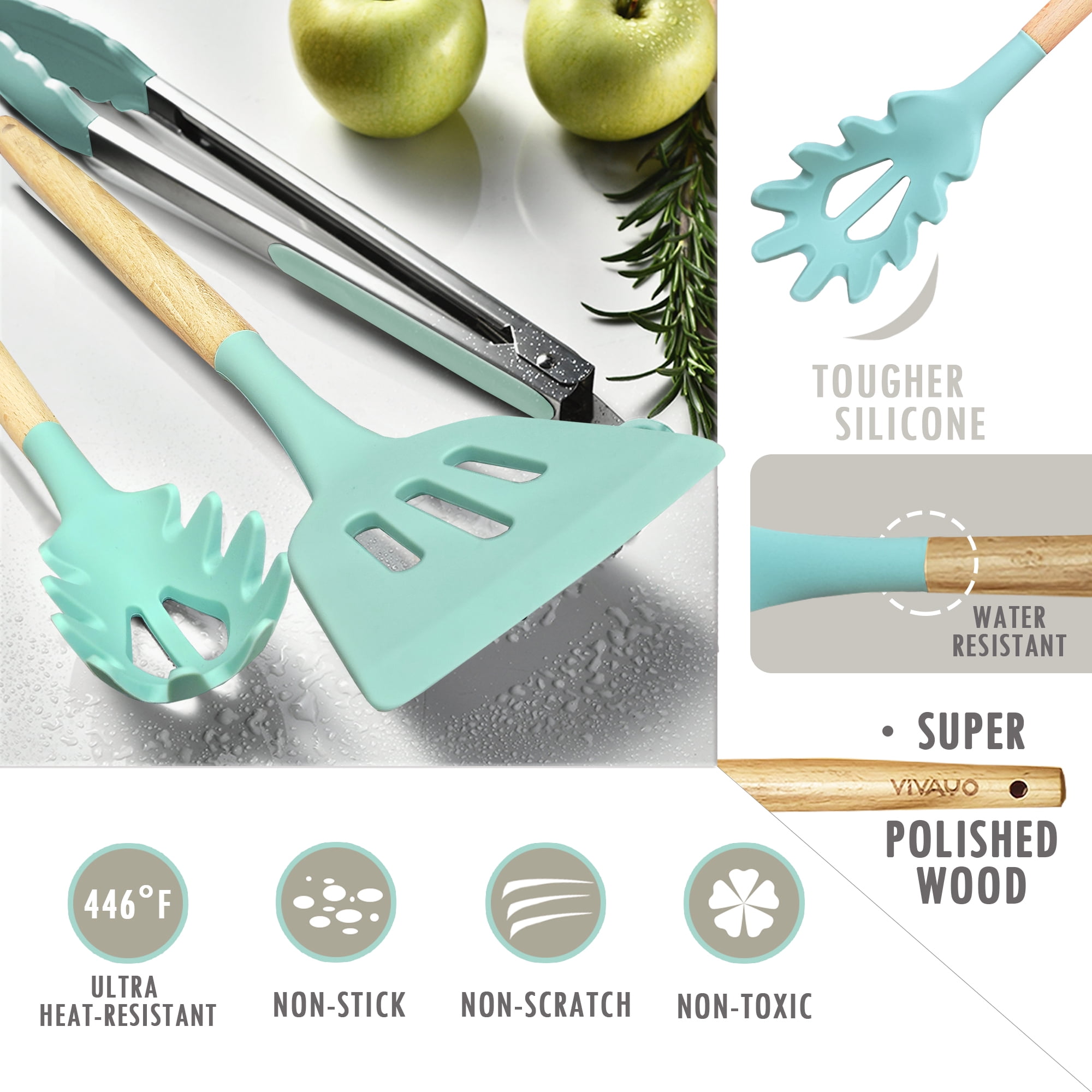 VIVAYO Kitchen Utensils Set, 32 Pcs Non-Stick Silicone Cooking Utensil Spatula Set with Holder, Wooden Handle Silicon Kitchen Set with Ladle Whisk, Tongs, Measuring Cups, Spoons,Green
