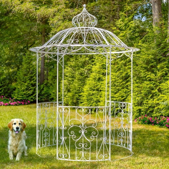 10ft. Tall Round Iron Gazebo with Side Walls in Antique White "Tatiana"