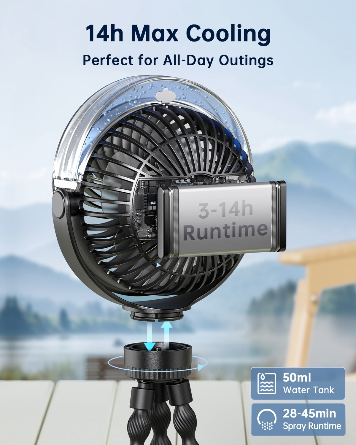 SWEETFULL Portable Misting Stroller Fan，Spray Cooling 4 Speeds, Quiet Rechargeable Fans for Travel, Outdoor, Golf Cart, Car Seat, Beach (Black)