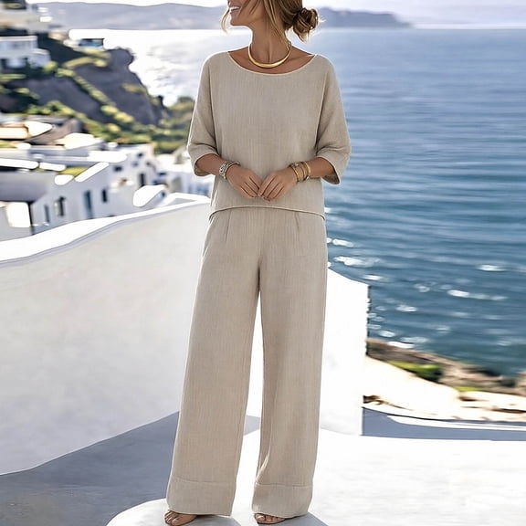 Miluxas Women's Lightweight Cotton Linen 2 Piece Outfits 3/4 Sleeve Round Neck T Shirts and Wide Leg Pants Set Summer Casual Going Out Sets Beige