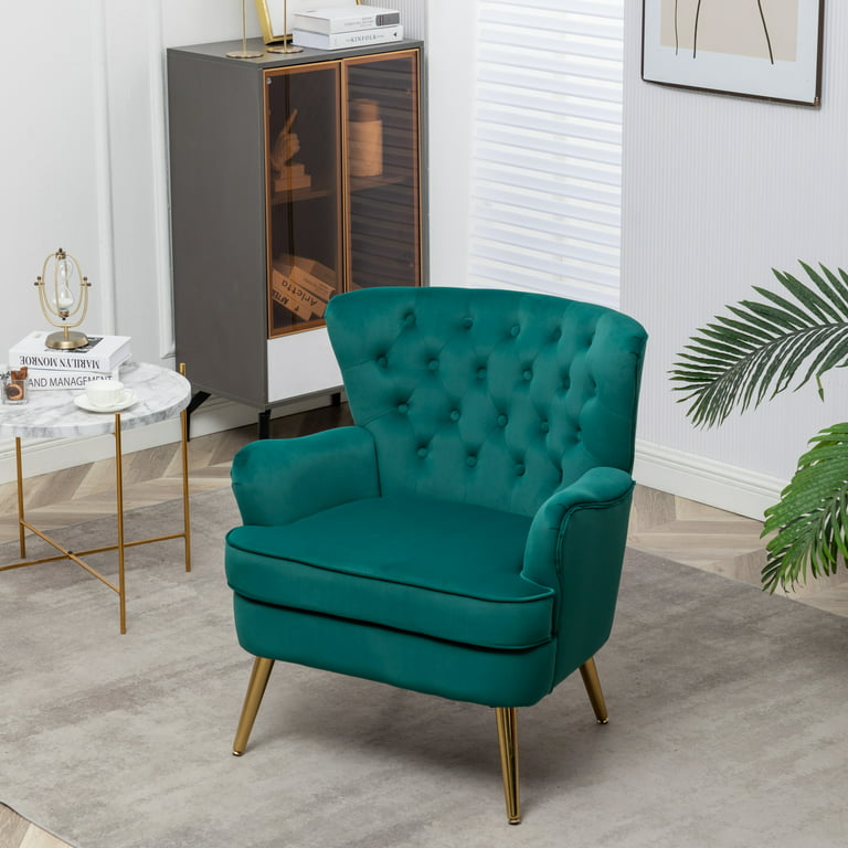Velvet Accent Chair, Modern Living Room Armchair Comfy Upholstered Single  Sofa Chair for Bedroom Dorms Reading Reception Room with Gold Legs & Small  Pillow, Dark Green 