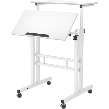 Soges Mobile Standing Desk Height Adjustable Sit to Stand Desk Portable Laptop Desk 2-Tier Computer Workstation for Home Office White