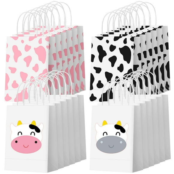 Patelai 24 Paquets Sacs Cadeaux de Fête Imprimés avec Poignées, Sacs en Papier Kraft à Thème Friandises Bonbons pour Fournitures de Fête d'Anniversaire (Rose, Style Vache)