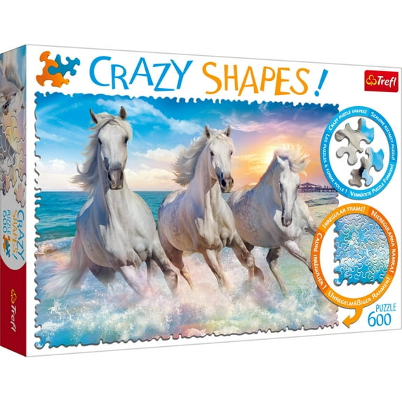 Crazy Shape 600 Piece Jigsaw Puzzles, Horses Gallop Among The Waves, Stallions, Beach, Adult Puzzles, Trefl 11111