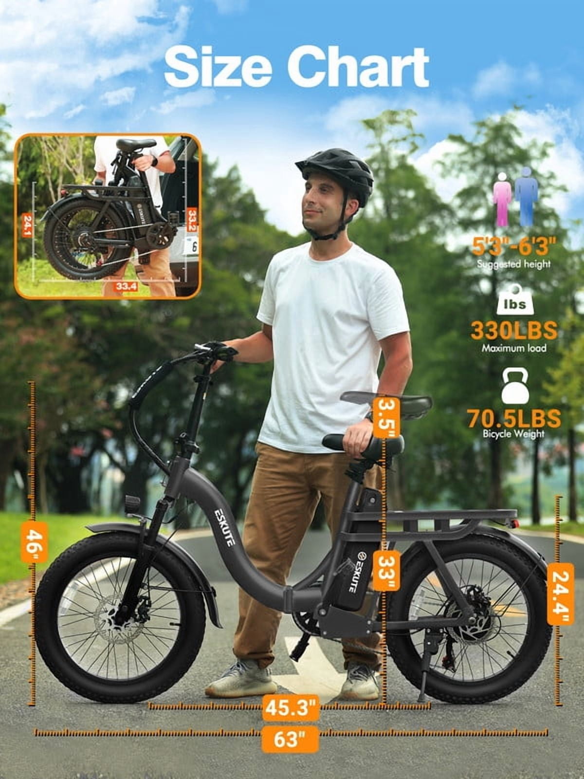 ESKUTE D200 Electric Bike for Adults 1200W Peak Motor 28 Mph, Folding Fat Tire E‑Bike, 48V 10.4Ah Up to 55 Miles, with 7‑Speed Step‑Through Cargo Fold E Bicycle, NFC Unlock, Gray with Lock, UL2849