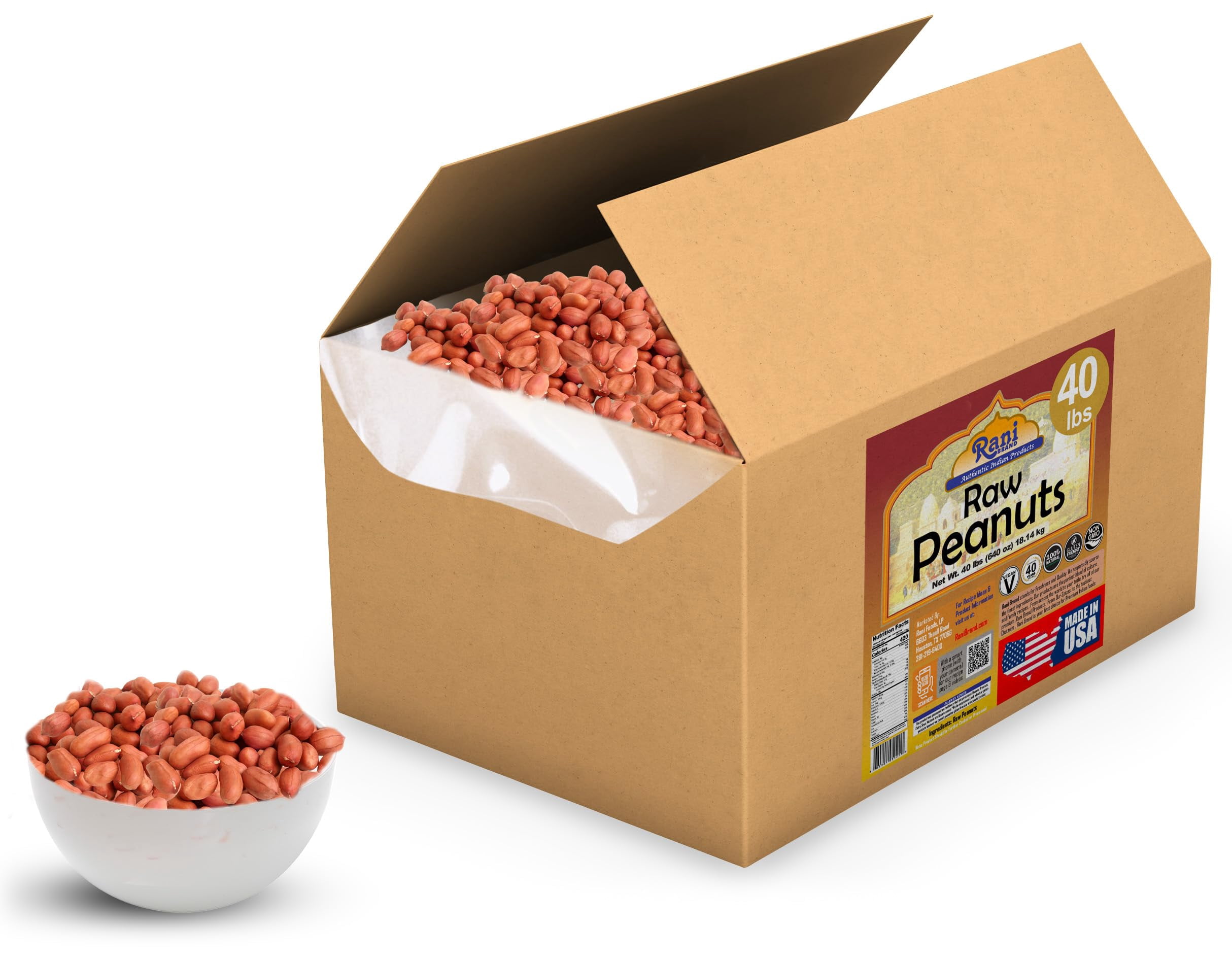 Rani Peanuts, Raw Whole With Skin (uncooked, unsalted) 40lbs (640oz) 18.14kg Bulk Box ~ All Natural | Vegan | Gluten Friendly  ~ Spanish Grade Groundnut/Red-skin