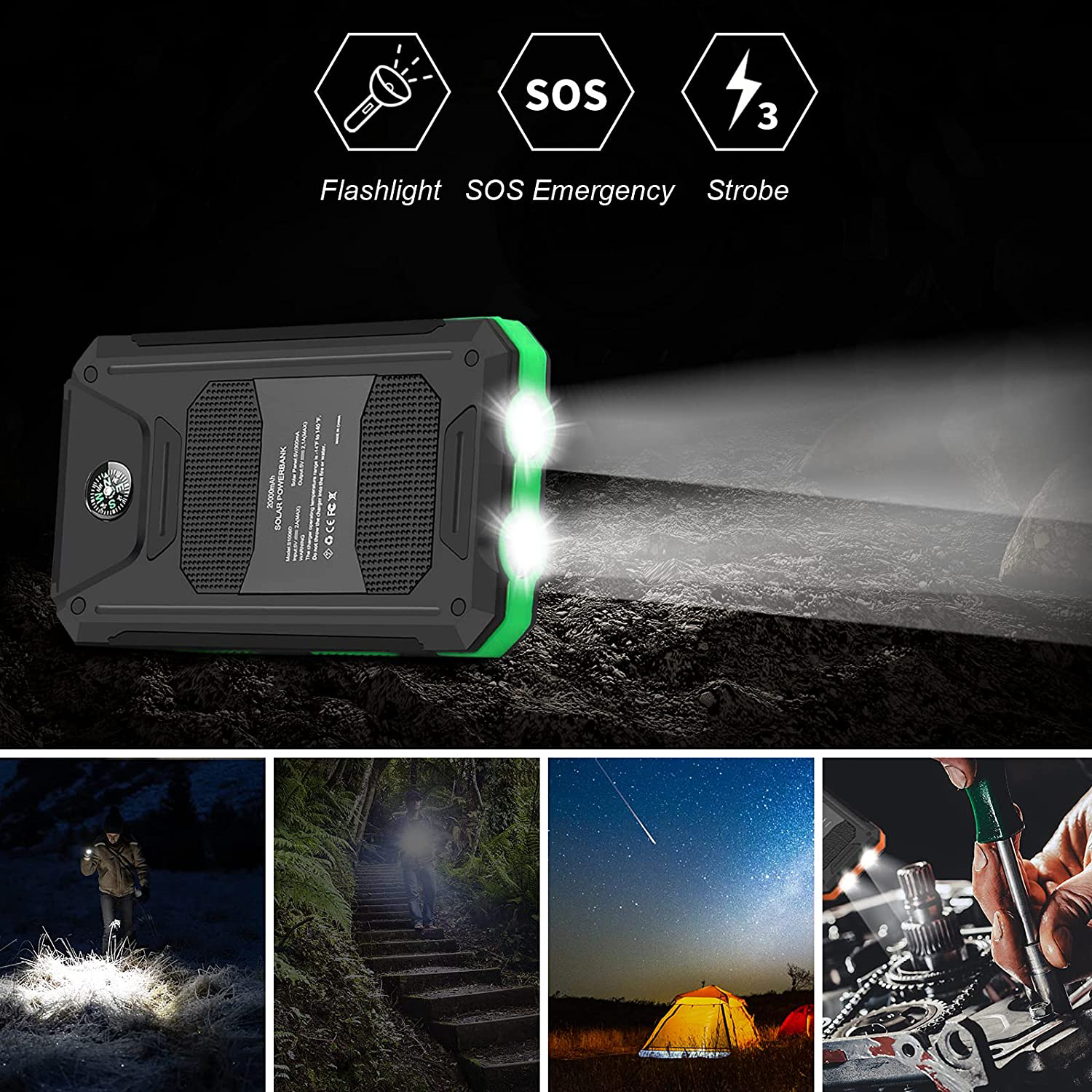 20000mAh Solar Charger for Cell Phone iphone, Portable Solar Power Bank with Dual 5V USB Ports, 2 Led Light Flashlight, Compass Battery Pack for Outdoor Camping Hiking(Green) - image 5 of 7