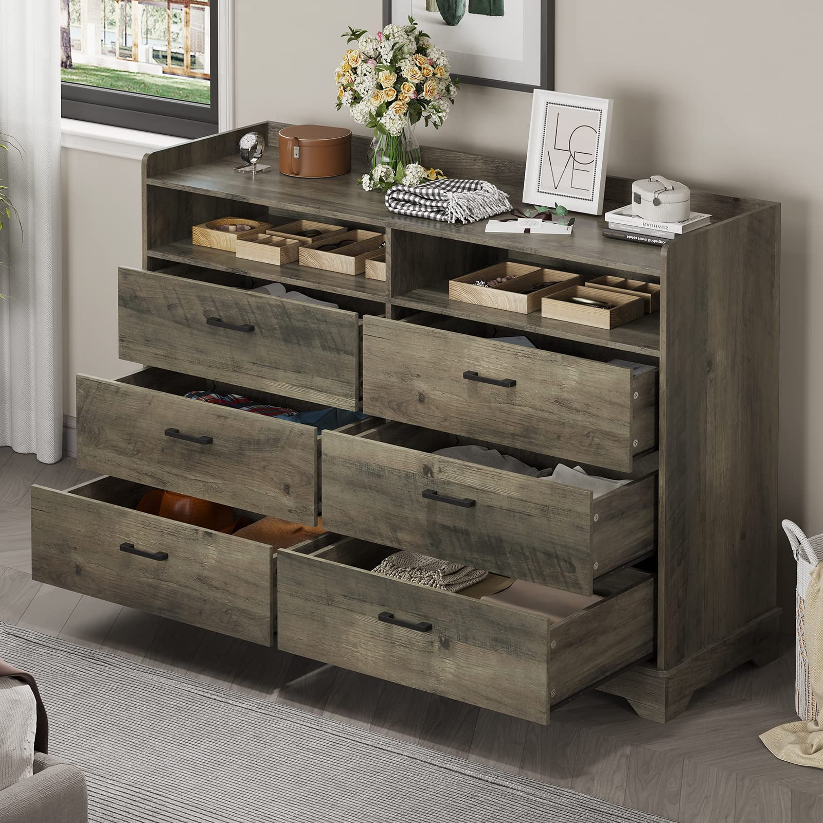 6 Drawers Dresser, Modern Storage Tower Dressers for Bedroom, Grey