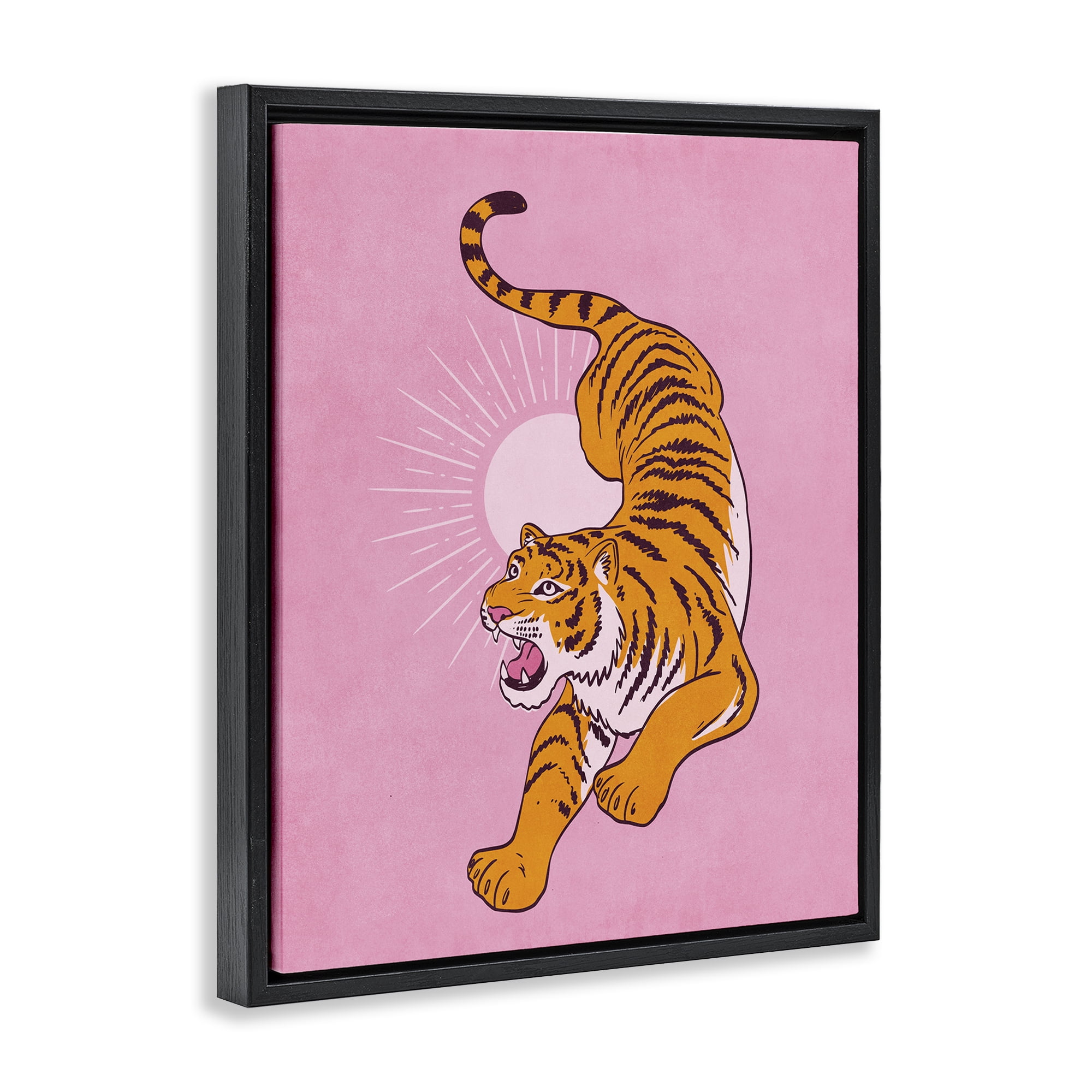 Stupell Industries Preppy Roaring Tiger Animals Painting Black Floater Framed Canvas Art Print Wall Art, 17 x 21