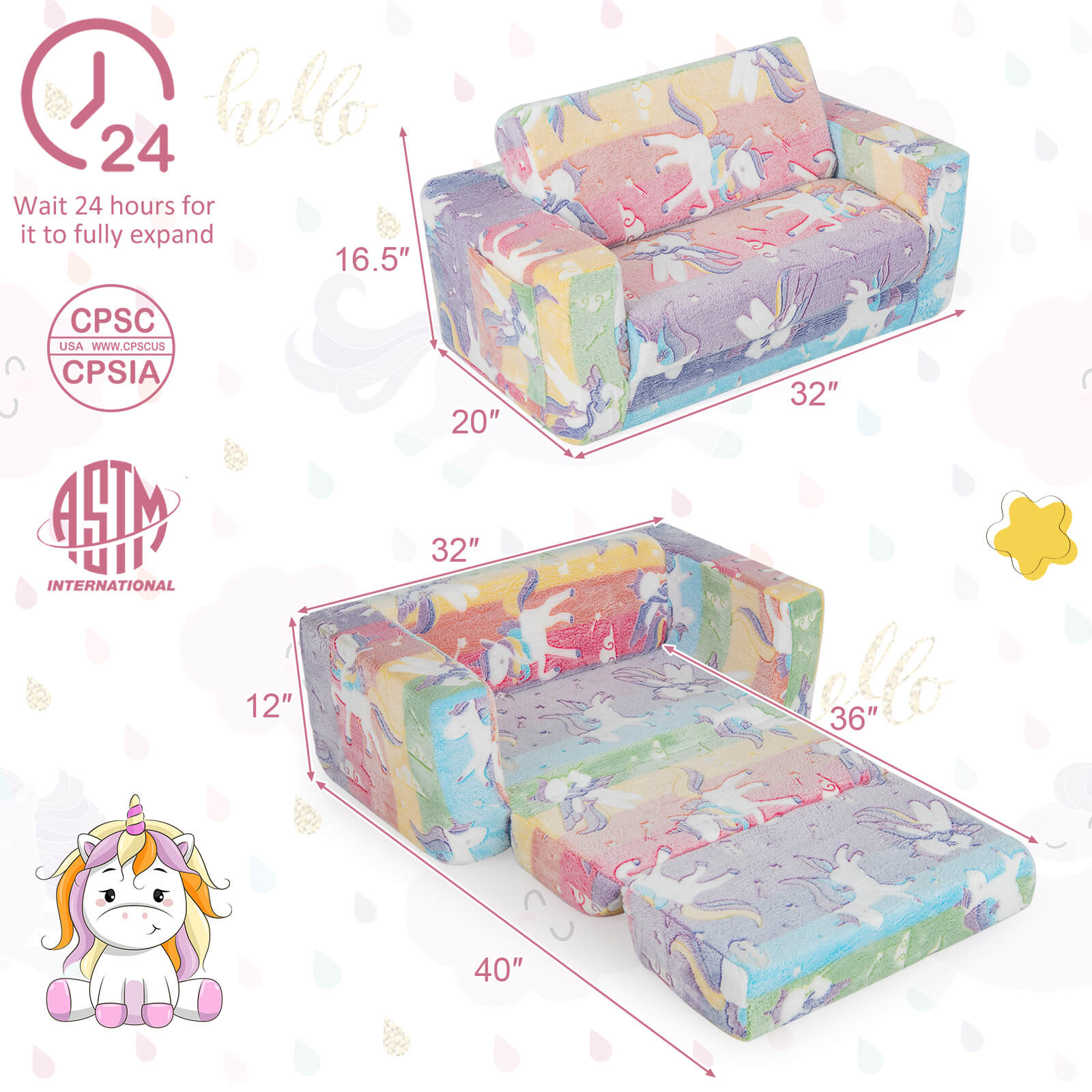 Infans 2-in-1 Flip Out Kid’s Sofa Chair Convertible Toddler Couch to Lounger