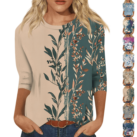 Women's 3/4 Sleeve Tshirts Dressy Casual Round Neck Blouse Tops Spring Summer Trendy Floral Print Loose Tunic Tops Army Green S