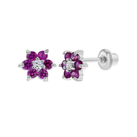 Rhodium Plated Flower Fuchsia Pink Crystals Screw Back Earrings for Babies Kids