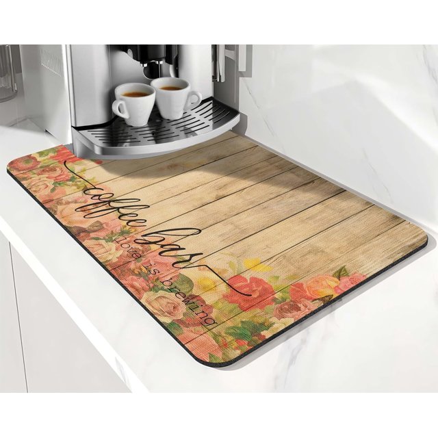 Coffee Bar Mat Accessories for Countertop Absorbent Hide Stain Rubber Backed Dish Drying Mats for Kitchen Counter Draining Pad Decor Gift Fit Under Coffee Maker Coffee Pot Espresso Machine (20x12in)