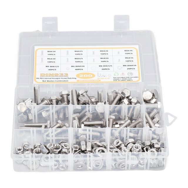 Juego de tornillos hexagonales ANGGREK 200 piezas Tornillos hexagonales Arandelas Tuercas Kit Tornillo de cabeza hexagonal de Acero inoxidable 304